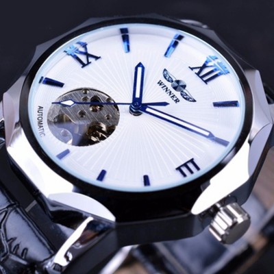 Men's T-WINNER Black Blue Dial Mechanical Automatic Wrist Watch - WHITE